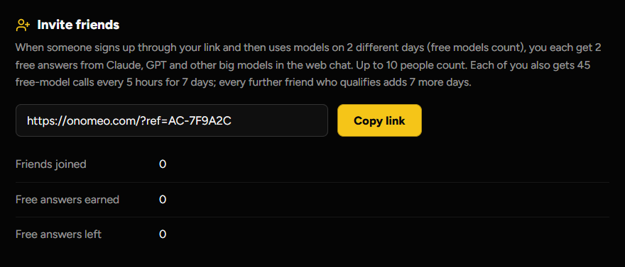 The invite block of the "My account" page: the invite link and the Copy link button