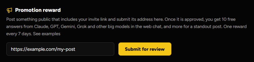 The promotion block of the "My account" page: an address entered, with the Submit for review button beside it